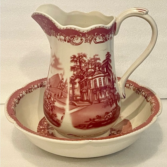 Antiche Riproduzioni Ironstone Red Transfer Stoneware Water Basin Pitcher